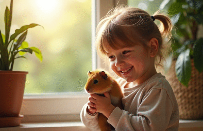 Jeune enfant souriant tenant un cochon d'Inde dans une pièce lumineuse