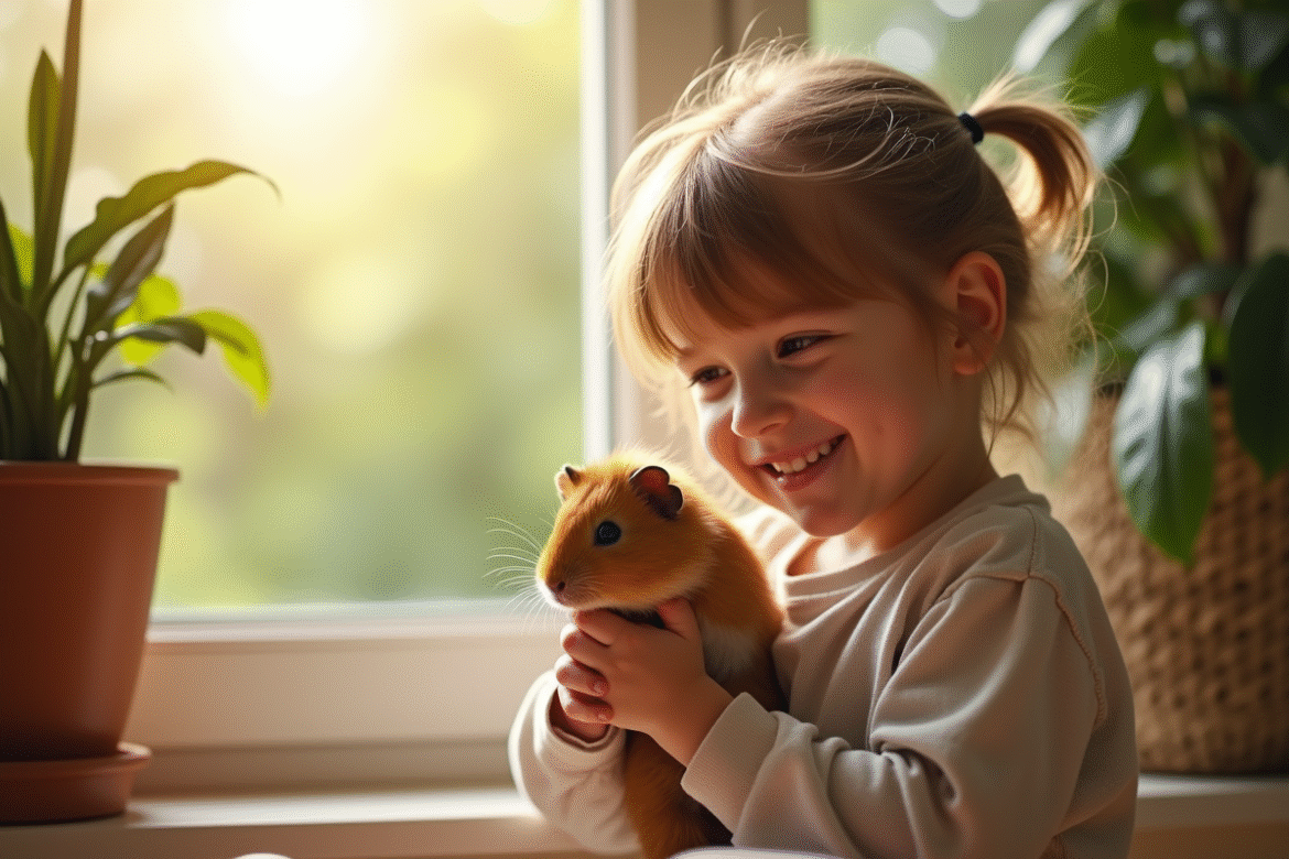 Jeune enfant souriant tenant un cochon d'Inde dans une pièce lumineuse