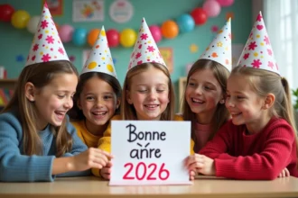 Enfants souriants avec cartes de voeux pour le nouvel an