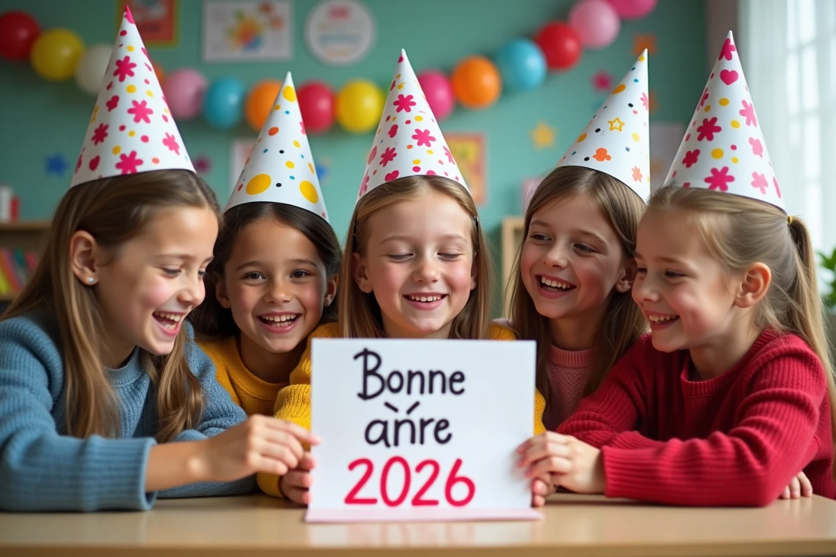 Enfants souriants avec cartes de voeux pour le nouvel an