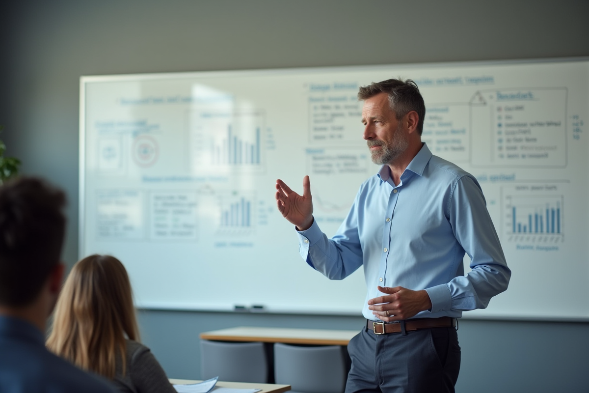 Homme expliquant des concepts financiers devant un tableau blanc