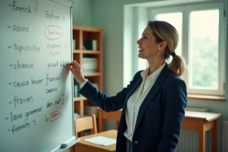 Enseignante corrigeant une formule de politesse en français au tableau dans une salle de classe