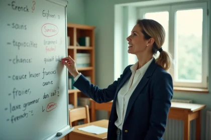 Enseignante corrigeant une formule de politesse en français au tableau dans une salle de classe