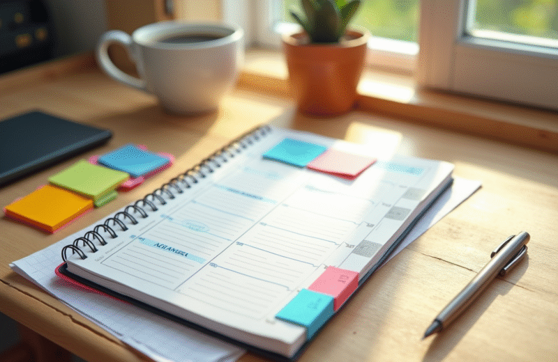 Espace de travail moderne avec planner et café