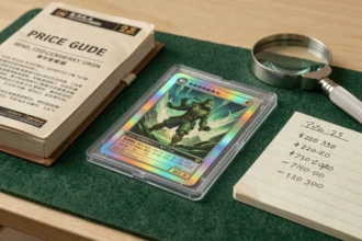 Carte Celebi Star holographique posée sur un bureau en bois avec une loupe et un carnet d'estimation de prix