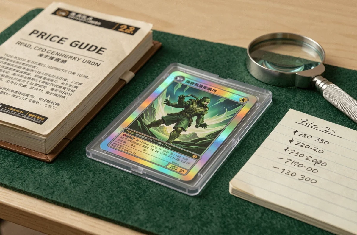 Carte Celebi Star holographique posée sur un bureau en bois avec une loupe et un carnet d'estimation de prix