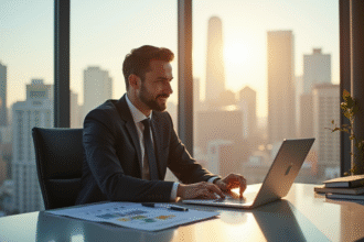 Expert immobilier confiant dans un bureau moderne avec vue sur la ville