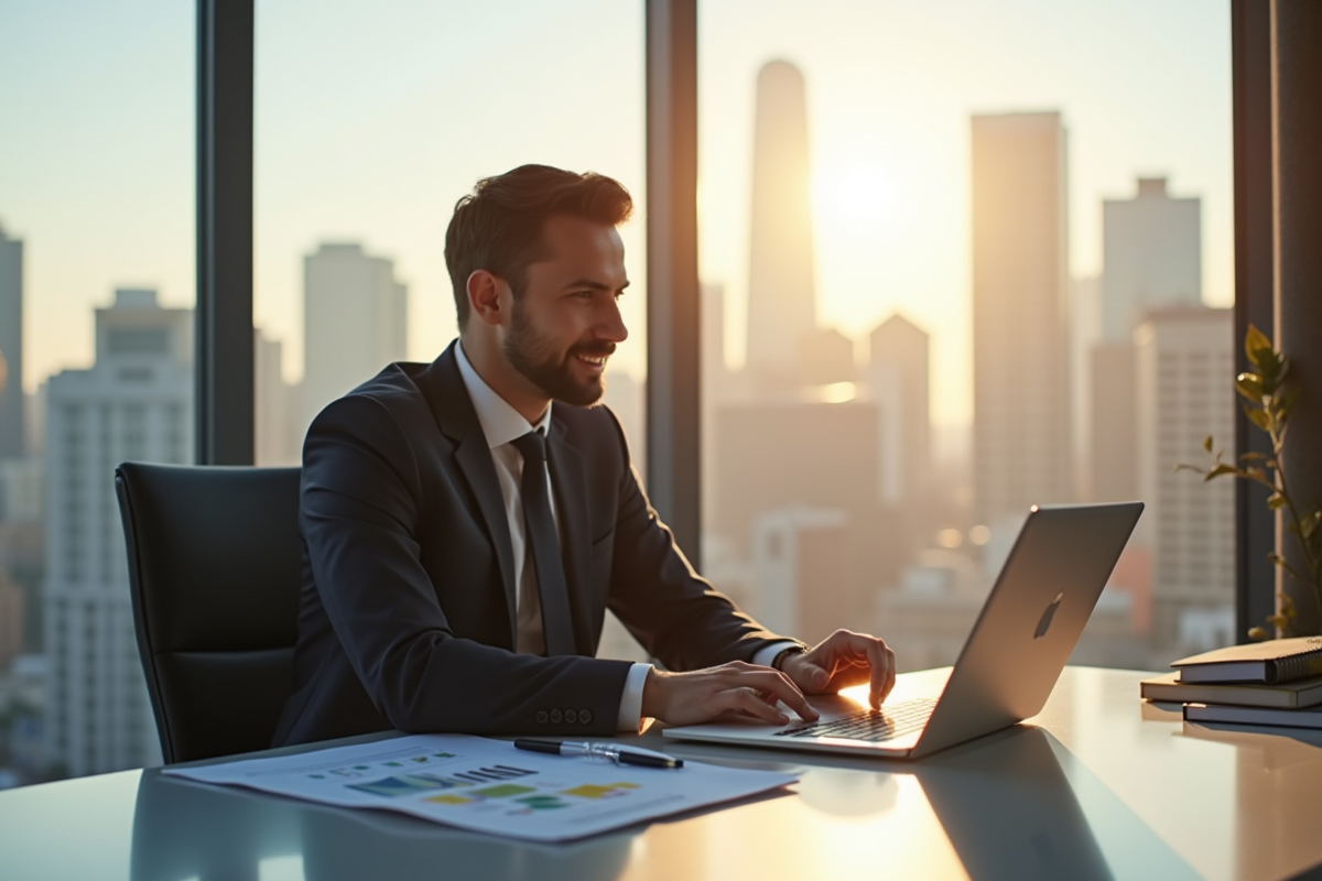 Expert immobilier confiant dans un bureau moderne avec vue sur la ville