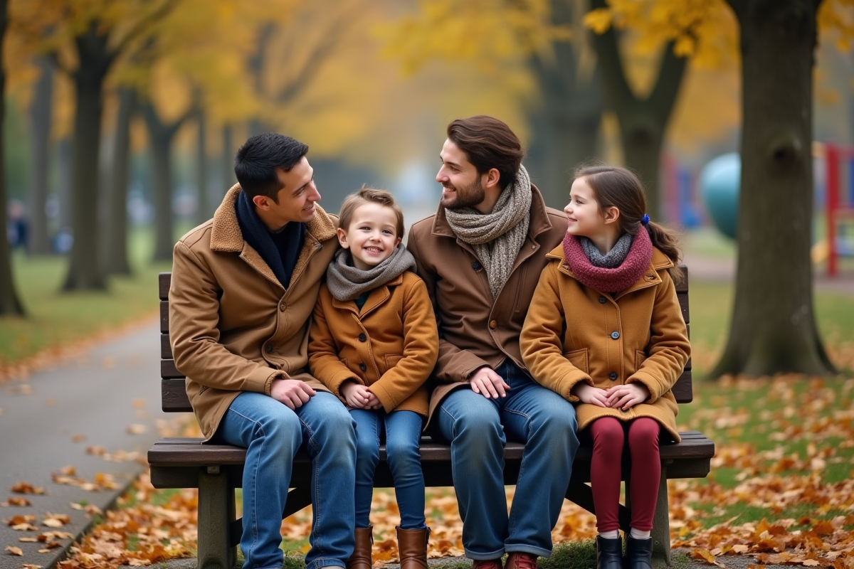 Famille assise sur un banc dans un parc en automne