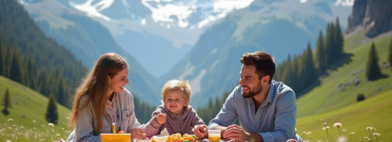 Famille souriante pique-nique en montagne avec sommets enneiges