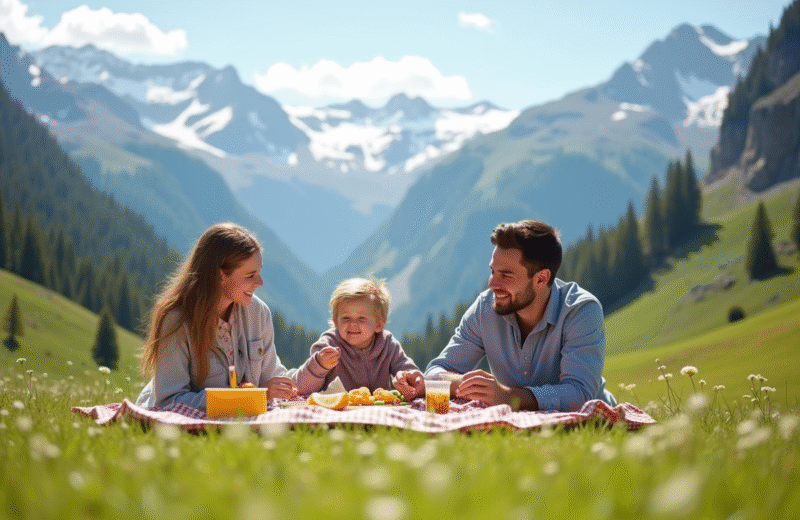 Famille souriante pique-nique en montagne avec sommets enneiges