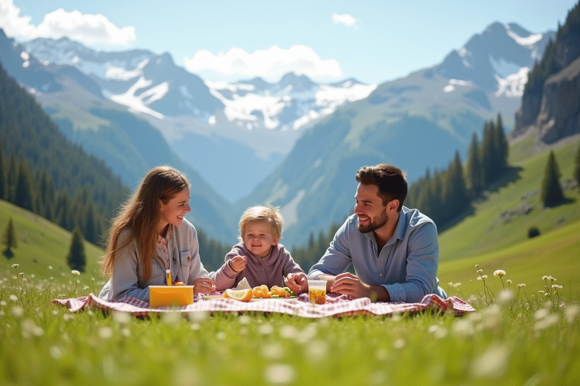Famille souriante pique-nique en montagne avec sommets enneiges