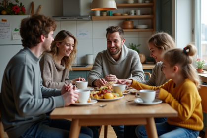 Famille recomposée autour d'une table de cuisine chaleureuse
