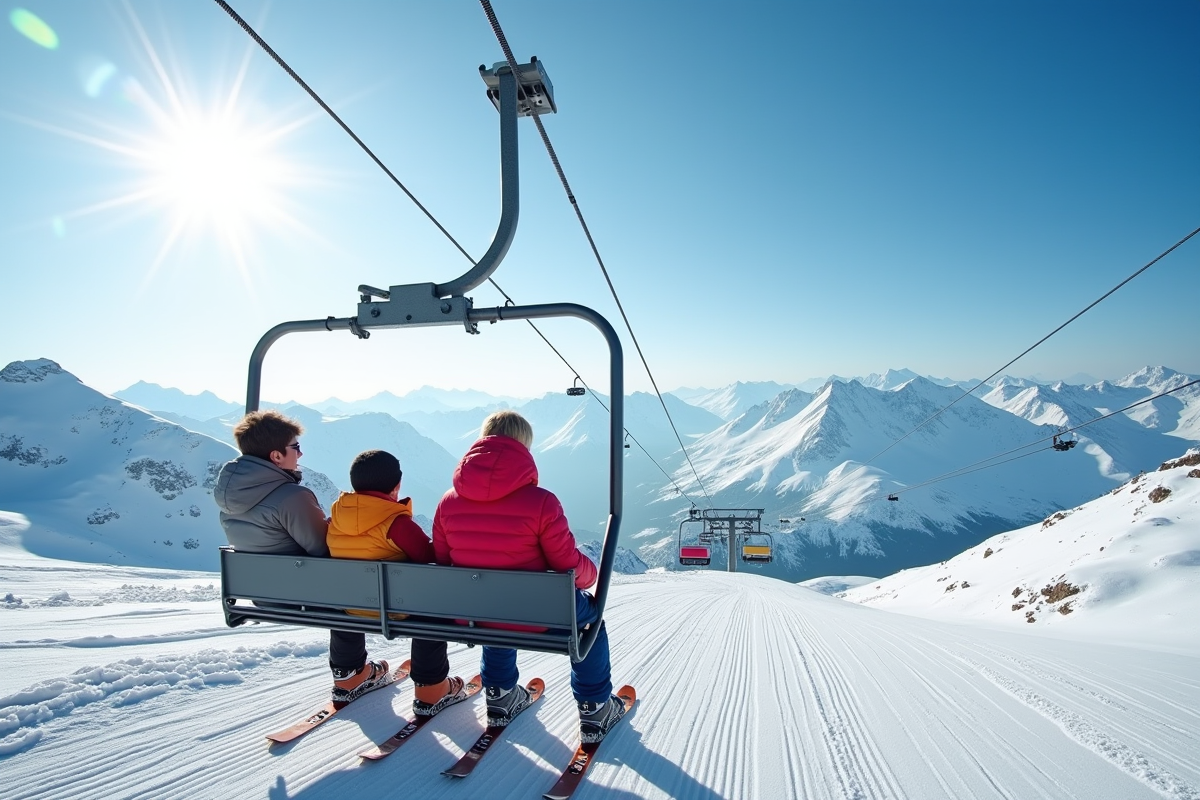 Famille en télésiège sur les pistes enneigées de La Plagne