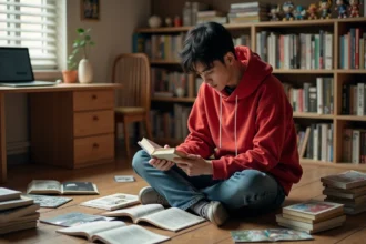 Jeune fan de manga lisant One Piece entouré de volumes dans sa chambre
