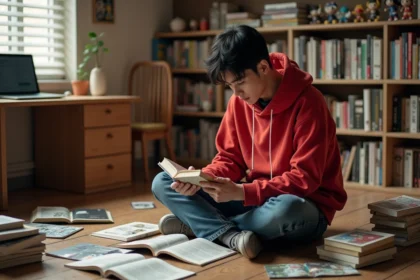Jeune fan de manga lisant One Piece entouré de volumes dans sa chambre