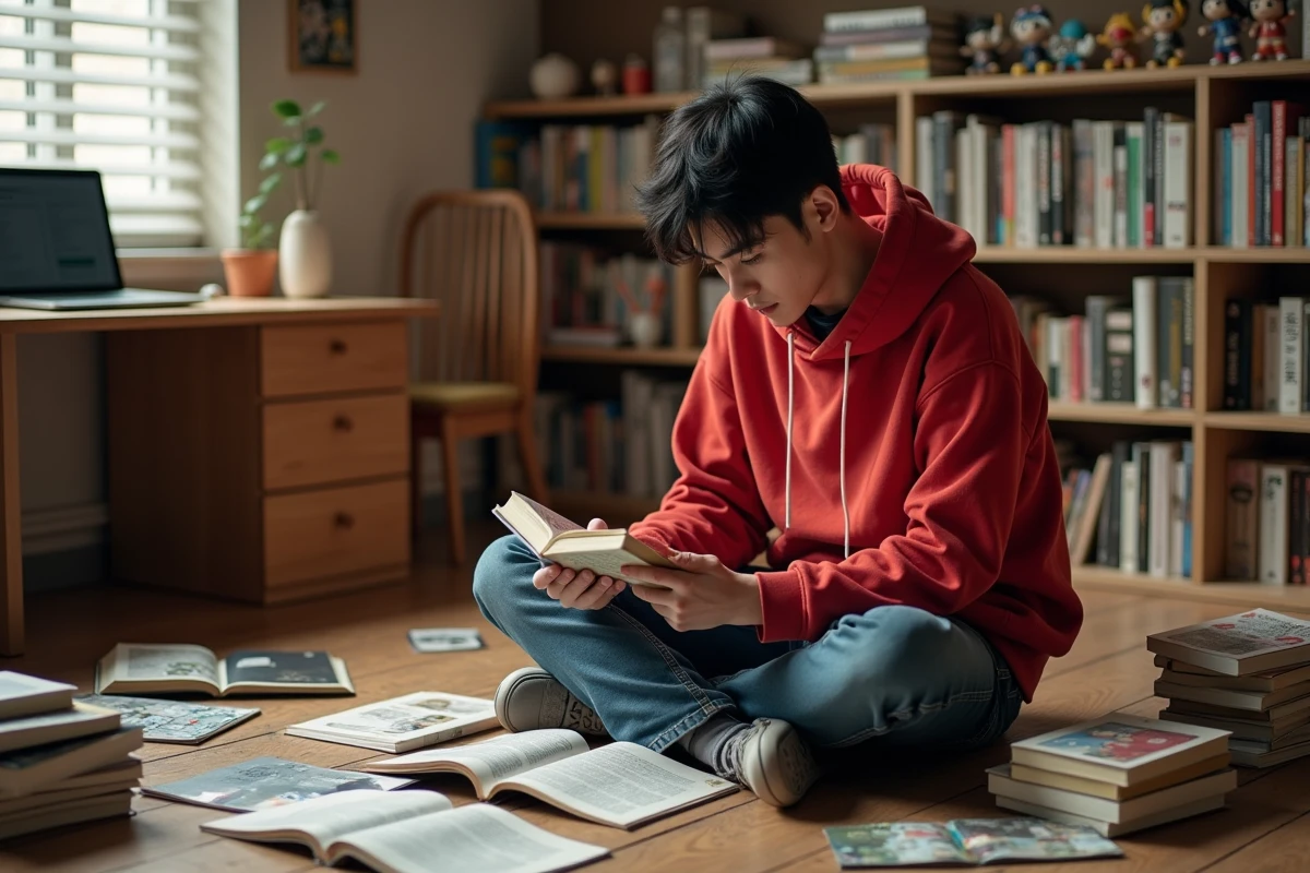 Jeune fan de manga lisant One Piece entouré de volumes dans sa chambre