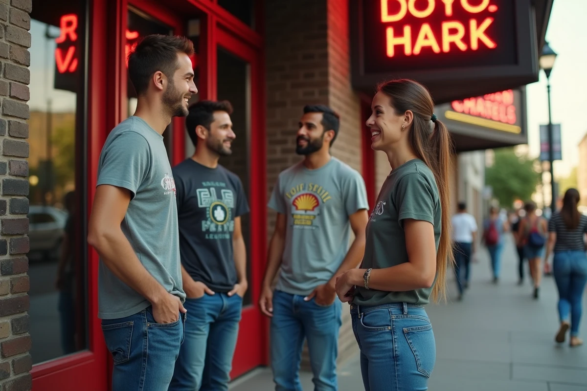 Groupe de fans discutant devant un cinema rétro en ville