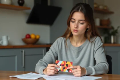 Jeune femme regardant un bon cadeau dans la cuisine