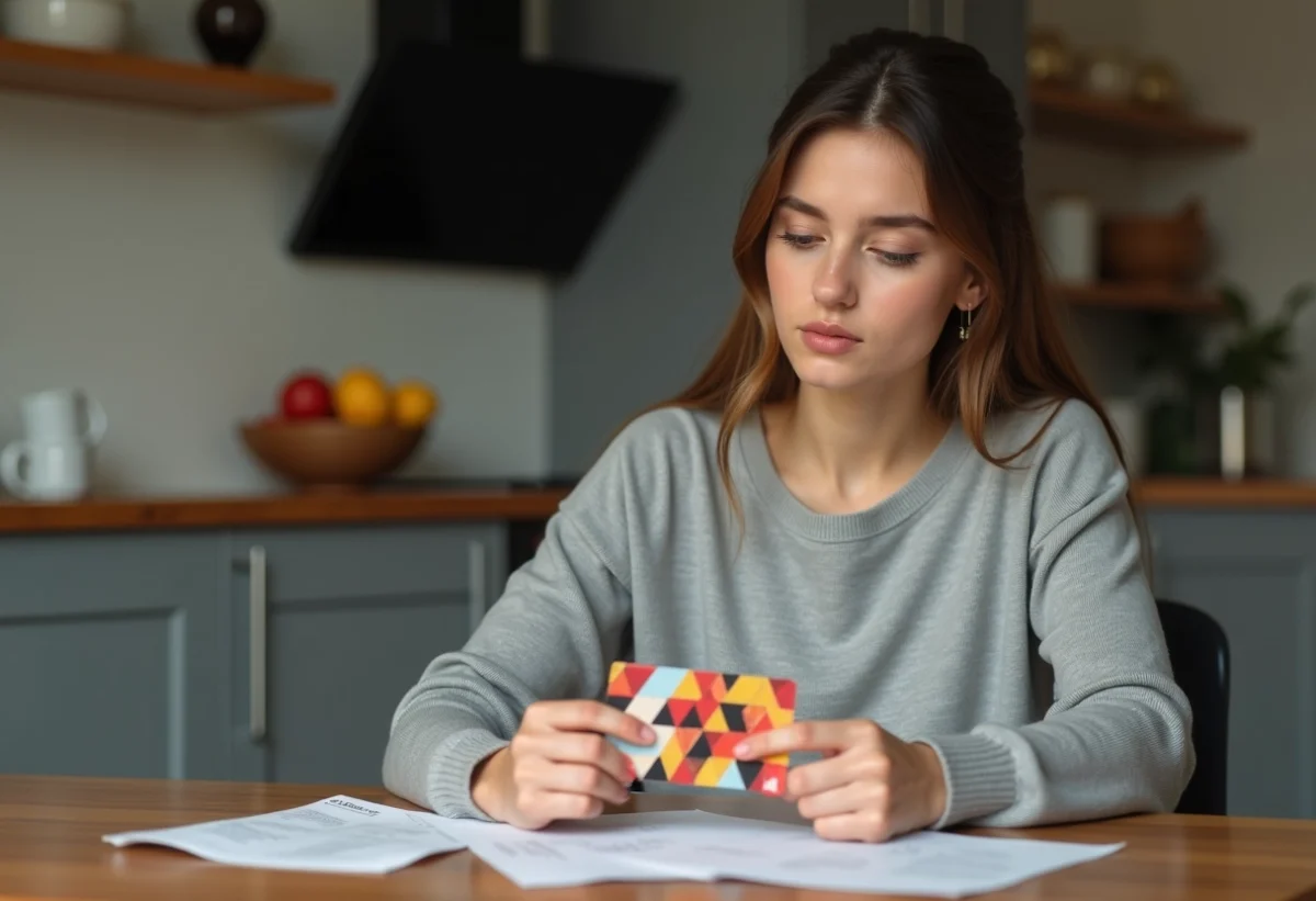 Jeune femme regardant un bon cadeau dans la cuisine