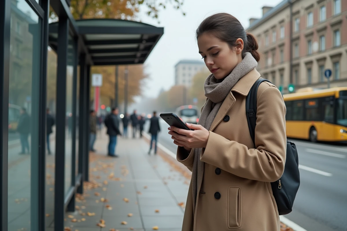 Jeune femme attendant le bus en ville en utilisant un vieux téléphone