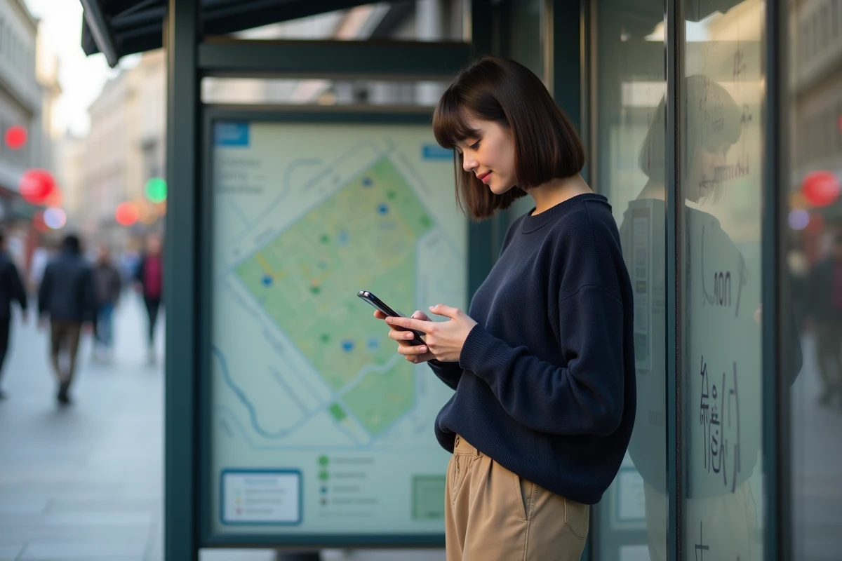 Jeune femme vérifiant son smartphone à un arrêt de bus