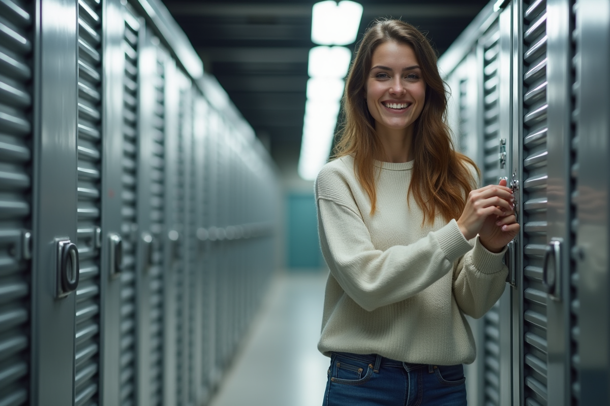Femme souriante verrouillant un box de stockage à Lyon