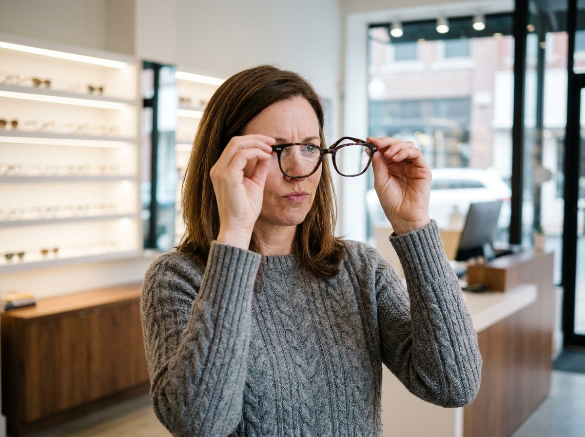 Femme hésitante en train d'examiner des montures de lunettes dans une boutique d'optique moderne