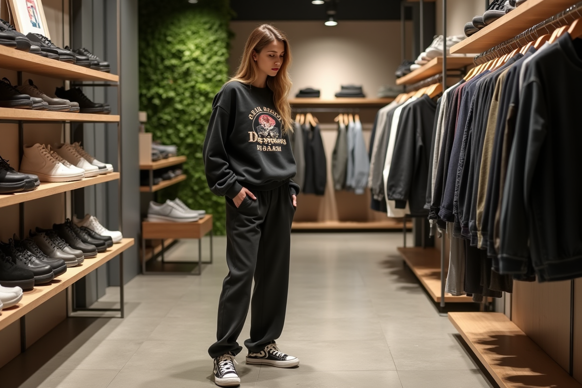 Femme confiante dans une boutique de vêtements haut de gamme