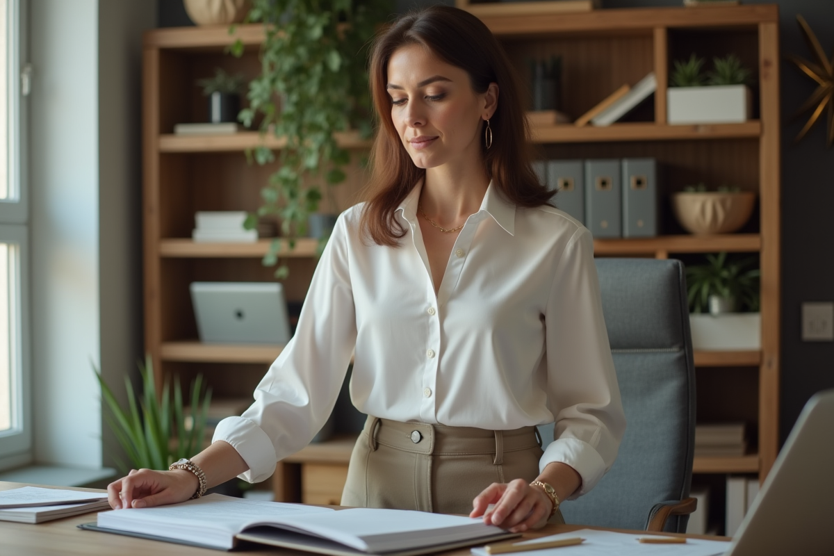 Femme en bureau moderne en train de lire des documents