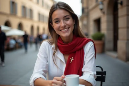 Jeune femme au café avec blouse blanche et foulard templier