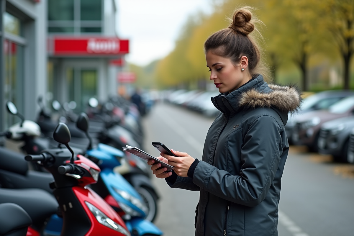 Femme comparant brochures devant deux motos 125cc