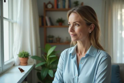 Femme contemplant un papillon dans son salon moderne