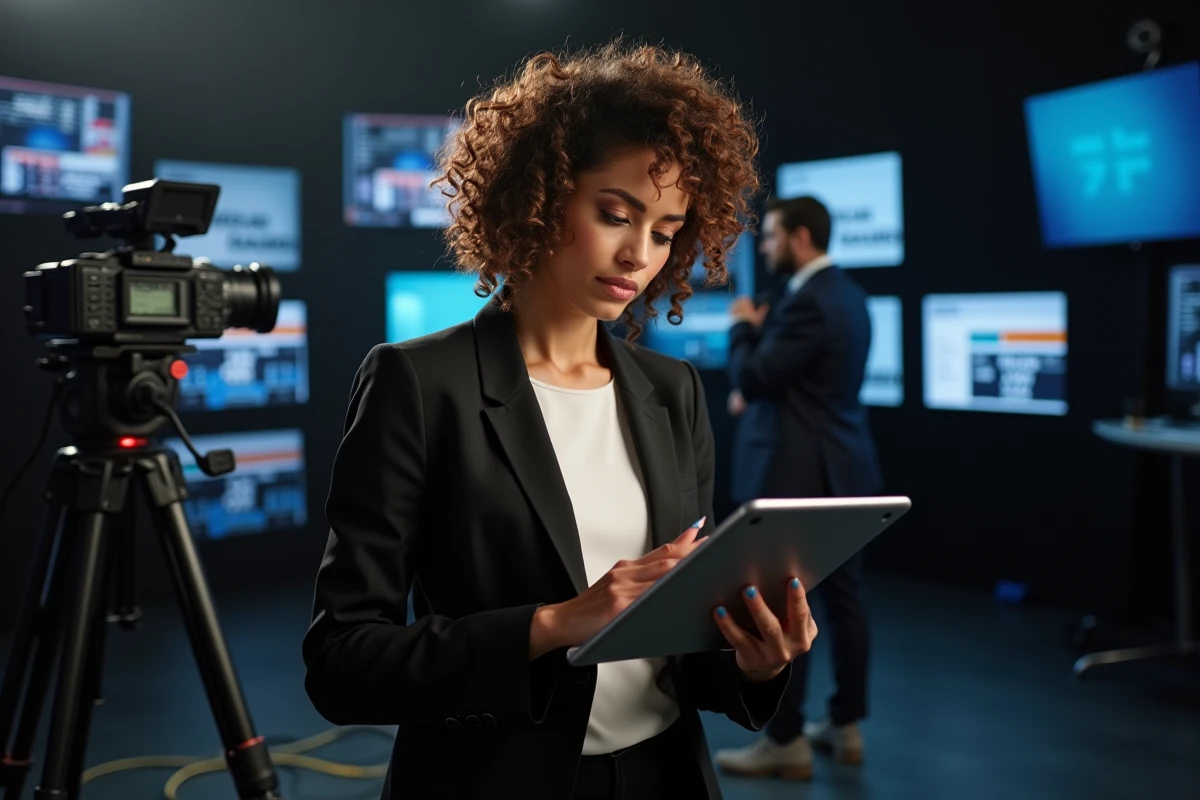 Femme dans les coulisses d'un studio de télévision, ambiance journalistique illustrant une personnalité médiatique féminine