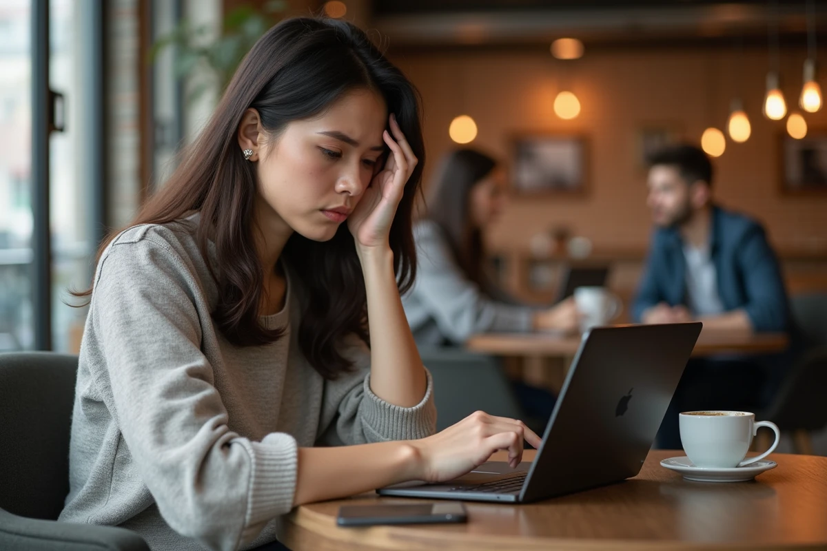 Jeune femme travaillant dans un café avec erreur Monopoly