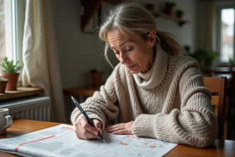 Femme concentrée faisant un mot croise dans un journal en français