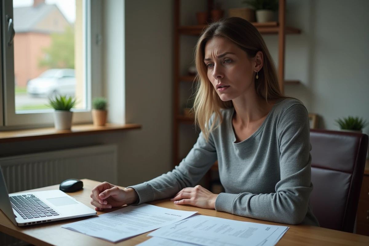 Femme consultant des documents juridiques à son bureau pour prouver sa bonne foi face à une mesure d'éloignement non respectée