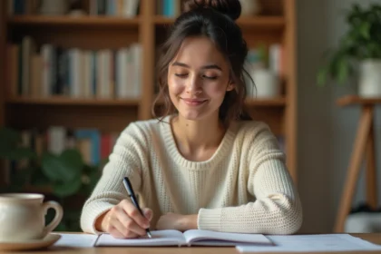 Femme concentrée écrivant des mots dans un cahier pour mémoriser l'orthographe des allers-retours
