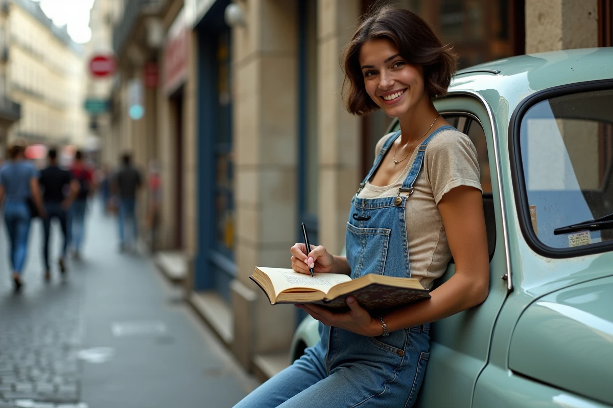 Femme écrivant des paroles de chanson devant une voiture à Paris