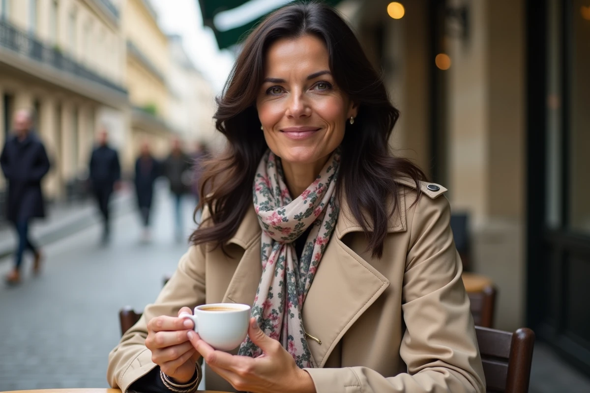 Femme élégante à une terrasse de café parisien, portrait éditorial illustrant la personnalité de Valérie Bénaïm