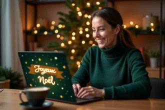 Femme souriante qui envoie un email de joyeux Noël 2026 depuis son bureau à domicile décoré pour les fêtes