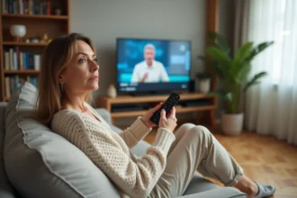 Femme d'une quarantaine d'années assise sur un canapé gris tenant une télécommande, l'air ennuyé devant sa télévision pendant l'après-midi
