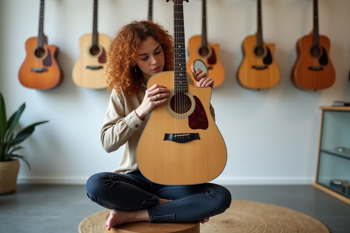 Femme examinant les caractéristiques internes d'une guitare acoustique Atlantic dans une boutique de musique moderne
