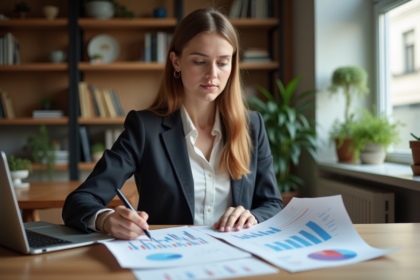 Jeune femme analysant des graphiques financiers dans un intérieur moderne