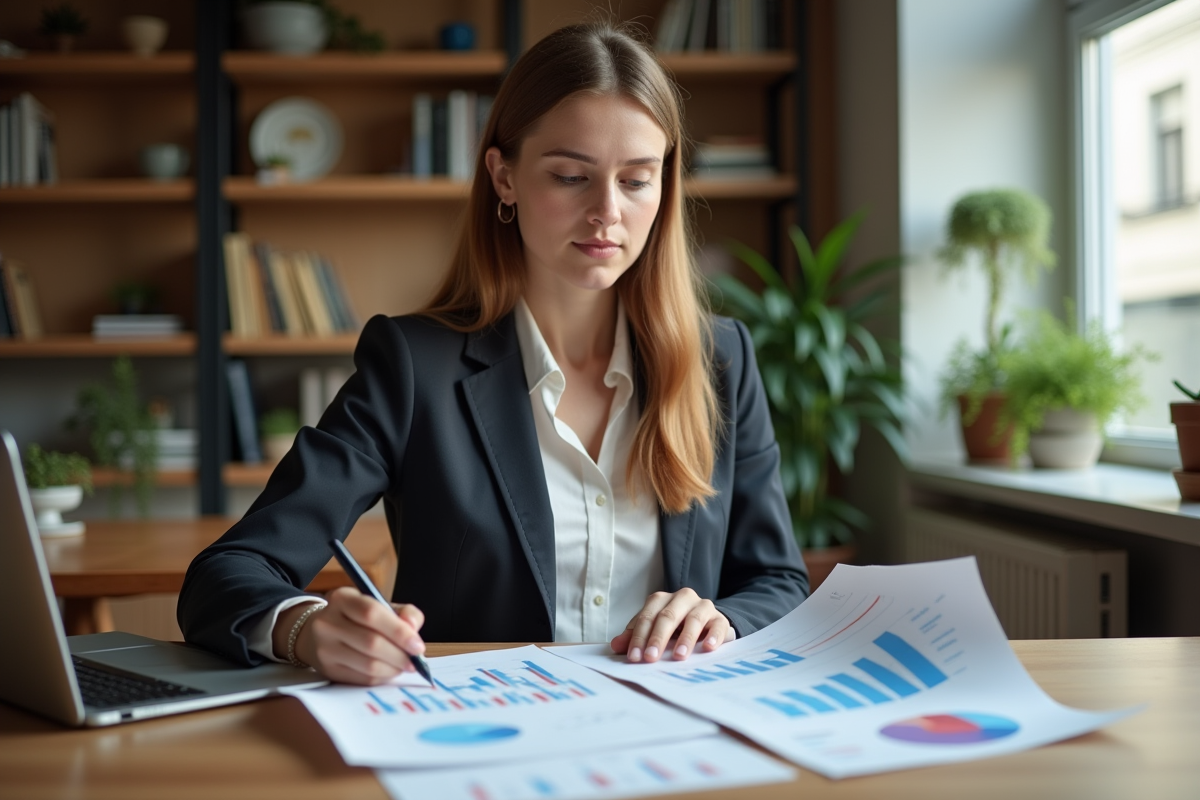 Jeune femme analysant des graphiques financiers dans un intérieur moderne
