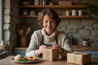 Femme souriante ouvrant un foie gras artisanal dans sa cuisine chaleureuse