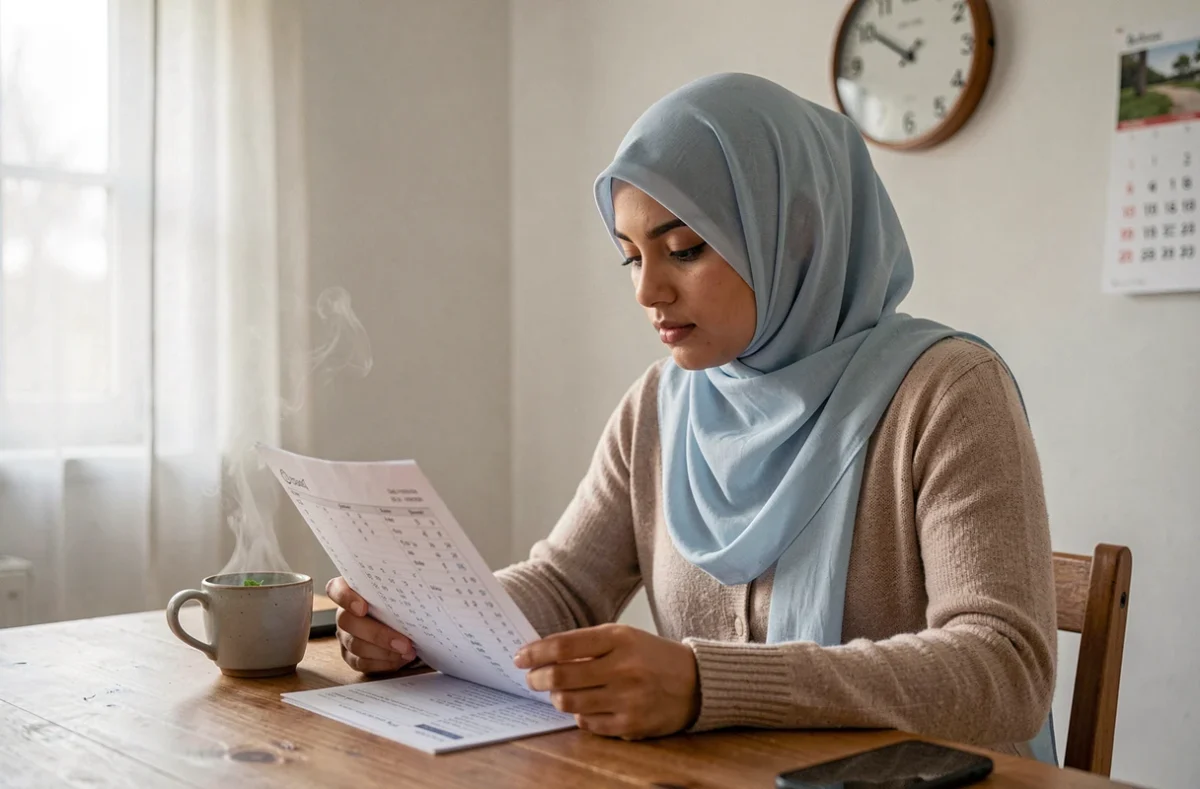 Jeune femme voilée consultant un tableau des horaires de prière à Marseille dans une cuisine