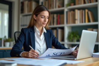Femme professionnelle en blazer bleu examinant un rapport SCPI