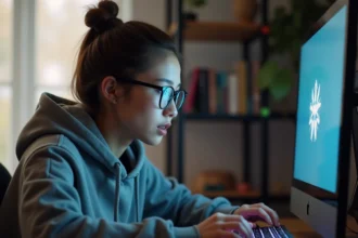 Jeune femme concentrée jouant à un jeu de mots en ligne sur son ordinateur portable dans un bureau à domicile