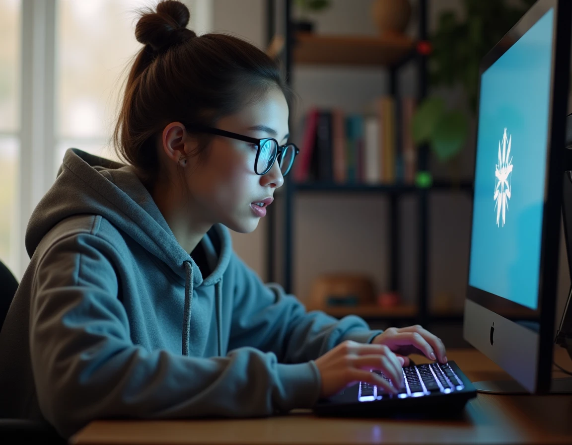 Jeune femme concentrée jouant à un jeu de mots en ligne sur son ordinateur portable dans un bureau à domicile